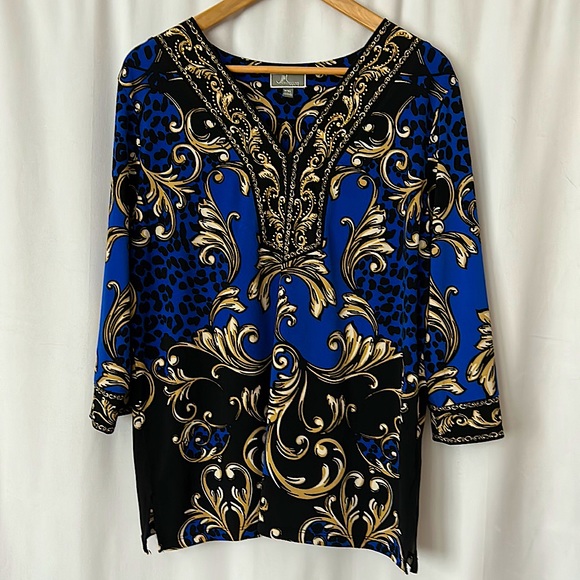 JM Collection Tops - JM Collection Navy Blue/Gold Floral Studded 3/4 Sleeve Shirt Top **Size XLP**